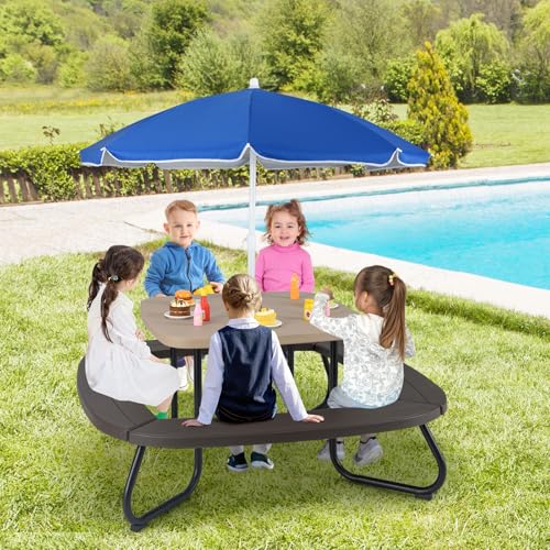 HONEY JOY Kids Picnic Table, 8 Person Toddler Outdoor Table and Chair Set, 4 Built-in Benches, Removable Umbrella, Metal Frame & HDPE Top, Children Outdoor Furniture for Backyard Patio Garden (Coffee) - color: Coffee