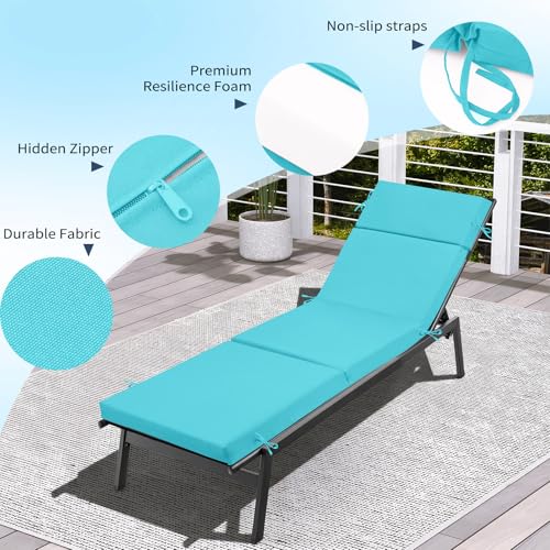 2 Pcs Outdoor Chaise Lounge Cushion 72" x 21" x 3", 4-Section Folding Patio Lounge Chair Cushion with Ties, Waterproof & Fade Resistant Replacement Cushion for Pool, Patio, Deck (Teal, 2 Pcs) - color: Teal, size: 2 Pcs