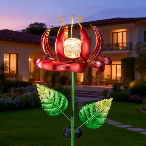 Solar Yard Lights Wind Spinners- Metal Lotus Flower Garden Decor LED Crackle Glass Globe Yard Art Sculpture Solar Stake Lights for Patio Pathway Lawn Walkway (Red-Large) - color: Red-large