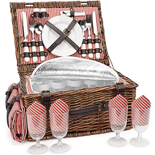 Picnic Basket Set for 4 Persons with Cooler and Waterproof Picnic Blanket, Classical Wicker Picnic Baskets with Waterproof & Sand-Proof Beach Mat,Willow Hamper Service Gift Set - size: 15.55" for 4 Persons with Cooler