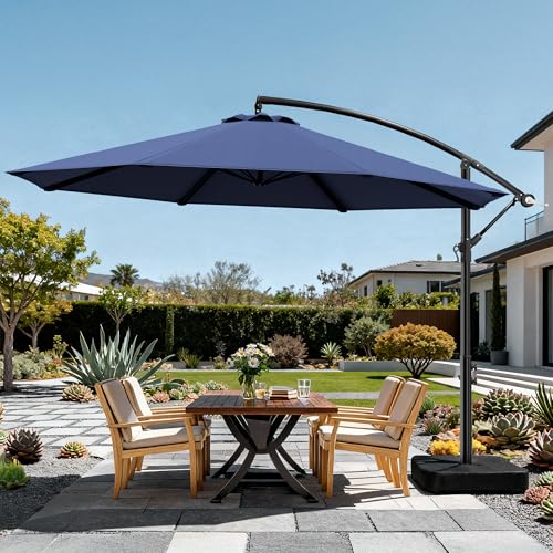 OLILAWN Cantilever Offset Patio Umbrellas, Outdoor 10 feet Large Patio Umbrella with Base Included, Upgraded Yarn-dyed Fabric Shade, Sturdy 8 Rids, 360 Degree Rotation & Easy Tilt Adjustment, for Pool Deck Porch Backyard Garden - color: Sapphire, size: 10