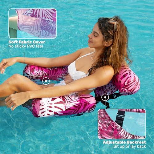 SLOOSH Inflatable Pool Floats Adult,2 Packs Floating Lounge Chairs,Blow up Pool Noodles for Adult Heavy Duty,Floating Chair for Party Summer Water Beach Lake Fun - style: Tropical Leaves-Champagne, Pink