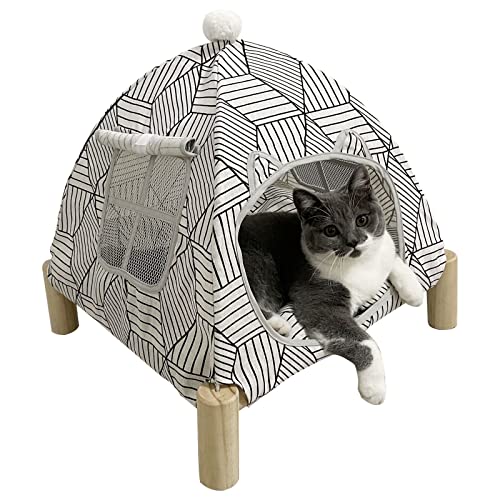 Pozico 2-in-1 Cat Bed Tent with Wooden Frame – Cat Teepee & Hammock, Portable Indoor/Outdoor Pet Tent for Cats, Kittens, Small Dogs, and Small Animals – Quick Assembly, White Diamond Design - color: White Diamond Tent