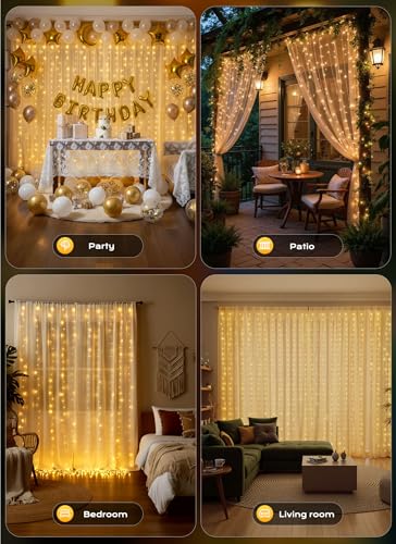 Brightown 600 LED Curtain String Lights, 20 FT Hanging Fairy Lights with Remote, 8 Modes, Waterproof Window Lights for Bedroom Backdrop Wedding Outdoor Christmas Party, Warm White - color: Warm White, size: 600LED