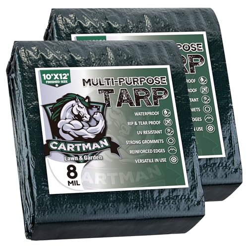 CARTMAN 2 Pack Finished Size 10x12 Feet Waterproof Green Tarp 8 Mil Thick, Multipurpose Protective Cover for Emergency Rain Shelter Camping Tarpaulin - size: 10'×12'2pk