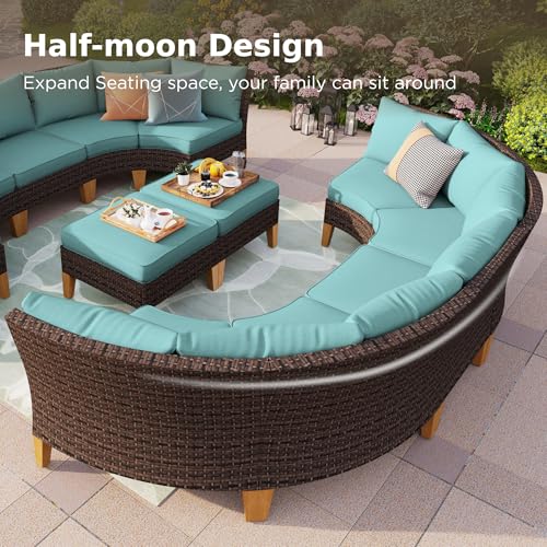 PHI VILLA Half Moon Patio Furniture Set with 56" Fire Pit Table, Outdoor Curved Wicker Sectional Sofa with Cushions and Ottomans, Aqua Blue - color: Aqua Blue+fire Pit, size: 5 Seats - Half Moon
