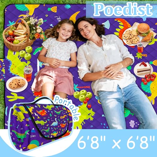 Extra Large Picnic Blanket Waterproof,80"x 80"Foldable Machine Washable Beach Blankets,Outdoor Blanket for 6-8 Adults,Picnic Mat Suitable for Indoor Crawling,Park Beach,Camping,Hiking,Travel（Dinosaur) - color: Blue Dinosaur, size: 6'8" x 6'8" (Square)