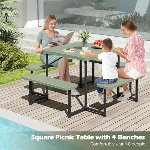 Byroce Outdoor Picnic Table for 4-8 Person, HDPE Picnic Camping Table Set with 4 Benches, Umbrella Hole & Metal Frame, Heavy Duty Square Dining Table Chairs for BBQ in Patio, Yard & Poolside (Green) - color: Green