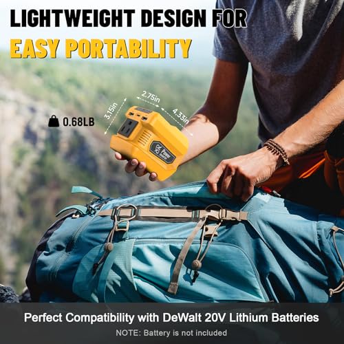 Azocek 220W Power Inverter Compatible with Dewalt 20V Battery(Battery not Included), DC 20V to AC 110V, 2 USB Ports & 1 Type-C Fast Charging, 400LM LED Work Light - color: Yellow, size: 1-PACK