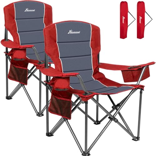 Romswi Oversized Camping Chairs,Heavy Duty Support 500 LBS,Padded Back & Arm Sport Chairs, Cup Holder Cooler Bag, Collapsible Folding Chairs for Outdoor, Fishing & Garden, Red,2-Pack - color: Red
