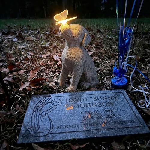 Lyeasw Dog Solar Statues with Butterfly - Waterproof Gray Dog Garden Decor for Patio, Yard, Porch- Cute Puppy Figurines with Solar LED Lights for Outdoor Decor, Pet Memorial Gift - color: Dog With Butterfly