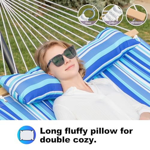 GAFETE 2 Person Hammock with Stand for Outside, 12ft Heavy Duty Steel Stand, Double Hammocks with Hardwood Spreader Bar, Large Removable Pillow, Side Pockets, Max 475 lbs Capacity (Ocean Blue) - color: Ocean Blue