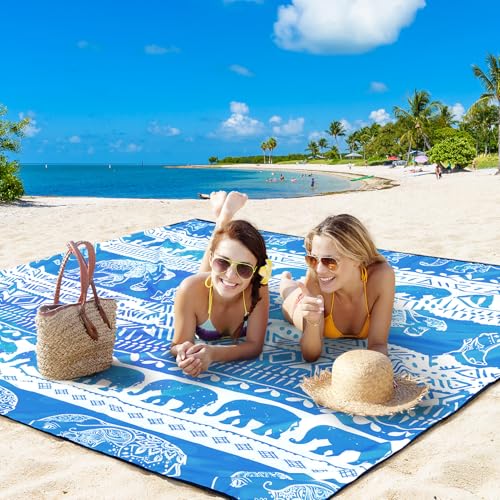 HIHOHO Beach Blanket Waterproof Sandproof Beach Mat for 1-8 Adults Quick Drying Durable Outdoor Picnic Mat for Beach Festival Travel Camping Hiking (Elephant-GC BL, 79"×83"(4 Person)) - color: Elephant-gc Bl, size: 6'11" x 6'7"