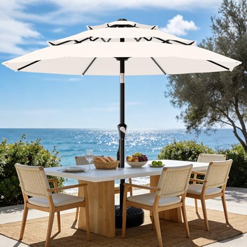 AreShark 9ft 3-Tier Patio Umbrellas, Outdoor Umbrella with 8 Sturdy Ribs UV Protection Windproof, Market Table Umbrella w/Push Button Tilt & Crank for Pool, Porch, Deck, Garden(Cream White) - color: Cream White