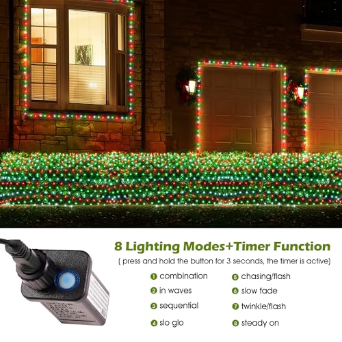 BlcTec Outdoor Christmas Lights 200 LED 8.4ft x 5.2ft Christmas Net Lights with 8 Modes, UL Certified, Timer, Connectable, Waterproof for Trees, Bushes, Yard Outdoor Decorations, Red White Green - color: Red White Green, size: 200LED