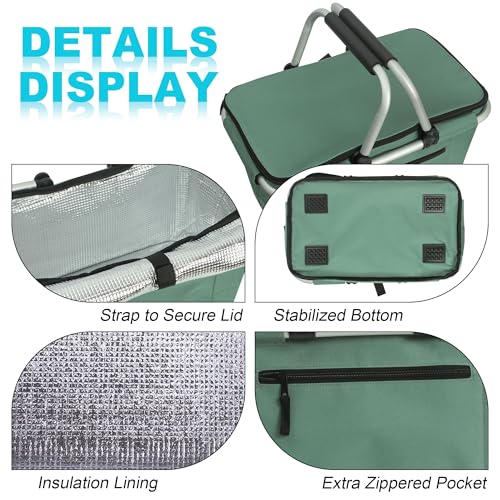 Picnic Basket, SIYUAN Collapsible Shopping Basket with Handles 27L Large Market Basket with Lid Reusable Folding Grocery Basket Insulated Cooler Bag, Green - color: Green