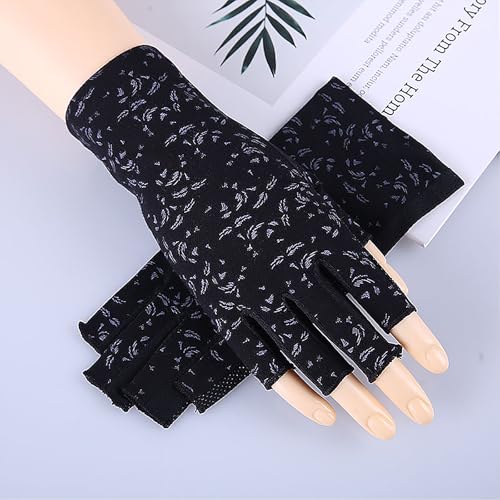 Lightweight Summer Fingerless Gloves Men Women UV Sun Protection Driving Cotton Gloves Nonslip Touchscreen Mittens - color: 2pairs-gray+floral Black