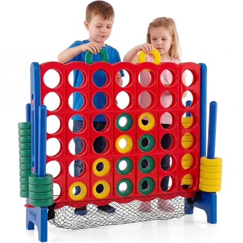 COSTWAY Giant 4-in-a-Row Game Set, Jumbo 4-to-Score for Kids and Adults with 42 Jumbo Rings & Quick-Release Slider, Indoor Outdoor Yard Party Game for Lawn, Holiday & Family (Red & Blue with Mesh) - color: Red & Blue With Mesh