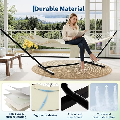 Garvee 2 Person Outdoor Hammock with Stand, Heavy Duty Portable Double Hammock with Balance Rope, MAX 450 LBS Capacity for Patio, Backyard, Garden, Beach - color: Off White, size: Sheep Horn Bracket