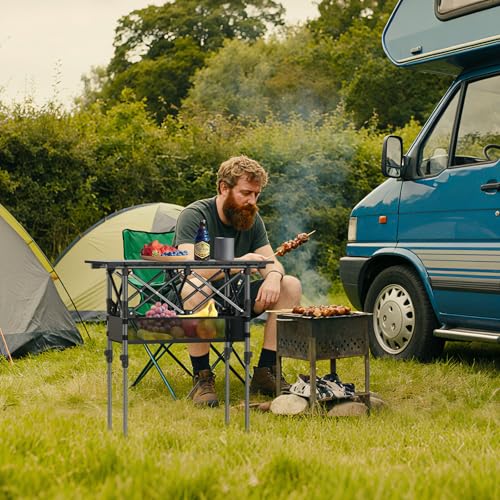 Anbte 2ft Small Roll Up Camping Table, 2 Adjustable Height Aluminum Portable Camping Table with Storage Net & Bag, Lightweight Waterproof Folding Table for Indoor Outdoor BBQ Picnic, 25” X 16”, Black - color: Black, size: 25.2"L x 15.7"W x 27.5"H (2 heigh