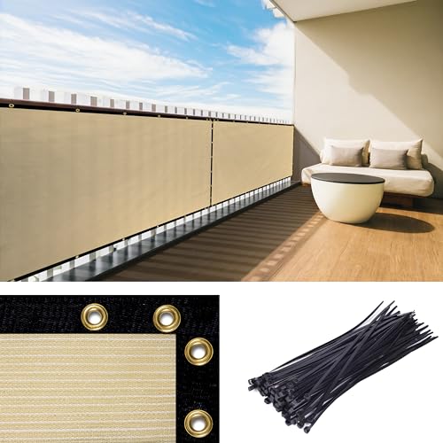 Royal Shade Custom Size 3' x 8' Beige Balcony Privacy Screen Apartment Above Railing Porch Patio Fence Windscreen Cover Netting Mesh Fabric Cloth - Cable Zip Ties Included (We Make Custom Size) - color: Beige, size: 3' X 8' Customized Size