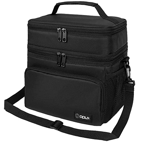 opux Insulated 2 Deck Lunch Bag for Men Women, Large Dual Compartment Cooler Bag for Work School Picnic, Leakproof with Strap for Kid Adult (Black) - color: Black, size: Double Deck