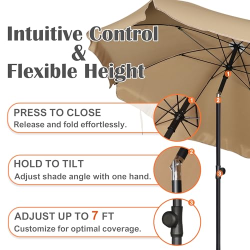 Blissun 6.5ft Patio Umbrella with Push Button Tilt & Height Adjustable, UV50+ Sun Protection with Sturdy Fiberglass Ribs & Iron Pole, Market Umbrella for Outdoor Table Garden Backyard Beach - color: Tan