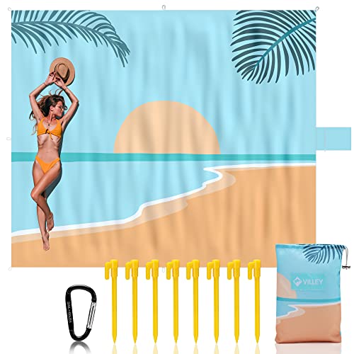 VILLEY Extra Large Waterproof Sandproof Beach Mat 128"x108" for 6-8 Adults, Oversized Beach Blanket with 8 Stakes & 4 Corner Pockets, Outdoor Accessories for Travel, Camping - color: Sunset