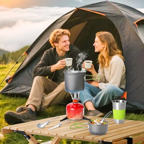 Gutsdoor Camping Cookware Set Camping Gear Campfire Utensils Non-Stick Cooking Equipment Lightweight Stackable Pot Pan Bowls with Storage Bag for Outdoor Hiking - style: 12pcs (Green)
