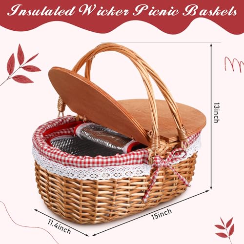 DoubleFill Wicker Insulated Picnic Basket with Lid Wicker Picnic Basket with Folding Handles and Insulated Cooler Bag for Camping Outdoor Easter Valentine Birthday Gift(Red Plaid) - color: Red Plaid