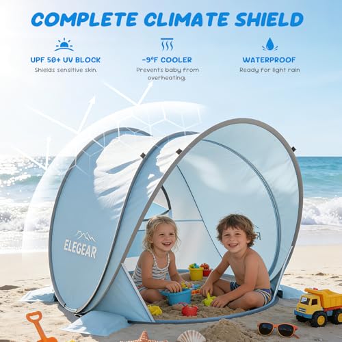 Elegear Pop Up Baby Beach Tent with Mini Canopy, CumbreX™ UPF 50+ UV Protection Baby Tent Sun Shelter, 1S Setup Portable Baby Beach Essentials Shade for Infant Toddler Outdoor Indoor Play - Blue - color: Blue