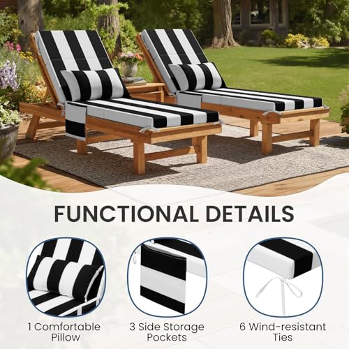 Crestlive Products Foldable Outdoor Chaise Lounge Cushions with Head Pillow and Side Pockets, Water Resistant & Fade Resistant Lounge Chair Cushion, 72''L x 21''W, Set of 2, Black Stripe - color: Stripe|black&white, size: 72"l X 21"w