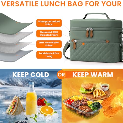 Tenot Insulated Lunch Box for Women Reusable, Leak Proof Cooler Lunch Bag Women for Work Stylish Quilted Lunch Tote Bag for Adult Picnic Travel Hiking Light Green - color: Light Green