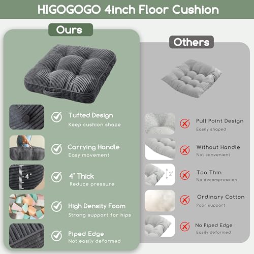 HIGOGOGO Floor Pillow Cushion for Adults, Meditation Cushion Pillow, Large Square Floor Sitting, Tufted Corduroy Cover, for Tatami Living Room or Yoga, 22x22 Inch, 2Pack, Dark Grey - color: Square Dark Grey, size: 4" Thick(pack of 2)