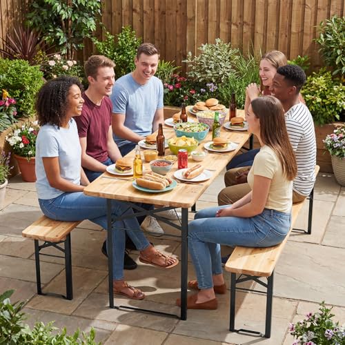Giantex 3-Piece Folding Picnic Table with Benches Set, Solid Wood Camping Beer Table Bench Set with Metal Frame, Portable Patio Dining Furniture, Indoor & Outdoor Folding Table and Chairs for 4 (70'') - size: 70''