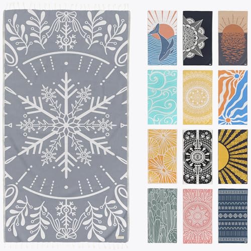FESHKA Sand Proof Turkish Beach Towel – Oversized, Quick Dry & Lightweight Travel Towel - 100% Organic Cotton Beach Blanket - Perfect for Bath, Pool & Picnic | Snowflake (Gray) - color: 10 - Gray