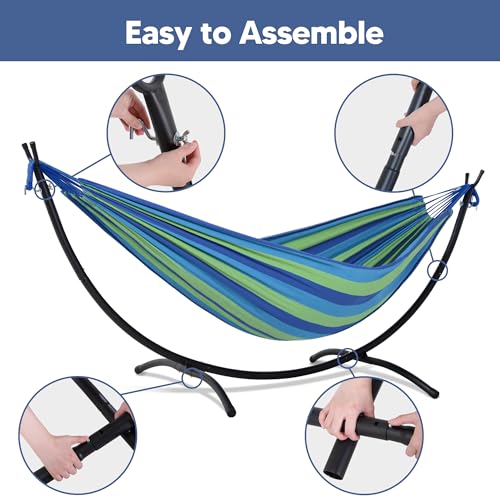 SUNCREAT Portable Outdoor Hammock with Stand Included, Double Hammock with Stand for Outside, Blue & Green Stripes - color: Blue &Green