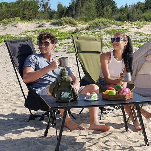 MOON LENCE High Back Folding Camping Chairs, Adjustable Height Beach Chair with Anti-Sinking Feet & Widened Seat (Khaki) - color: New Khaki With Feet 1 Pack