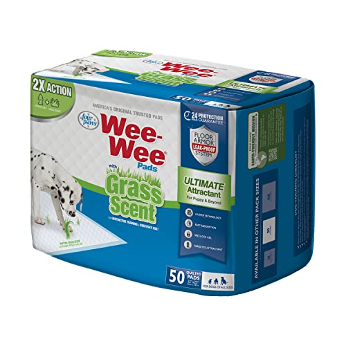 Four Paws Wee-Wee Ultimate Attractant Dog Pee Pads for Instinctive Training, Leak-Proof Floor Protection Dog & Puppy Quilted Potty Training Pads, Grass Scent, 22" x 23" (50 Count)