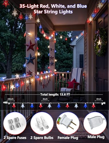 4th of July Decorations Star String Lights, 13.6Ft Red White Blue Patriotic Lights with 35 LED Stars, Waterproof Plug in Fairy String Lights for Memorial Day Independence Day Outdoor Indoor Decor - color: 35LED Star Lights