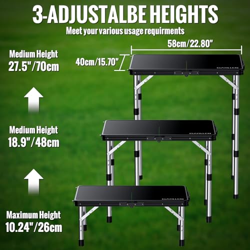 GARLLEN Camping Table with Waterproof High-Density Plastic Tabletop, 3 Adjustable Height Portable Folding Picnic Table, Aluminum Frame Outdoor Table for BBQ, Camping, Indoor Use, 22.8" L x 15.7" W - color: Black & White