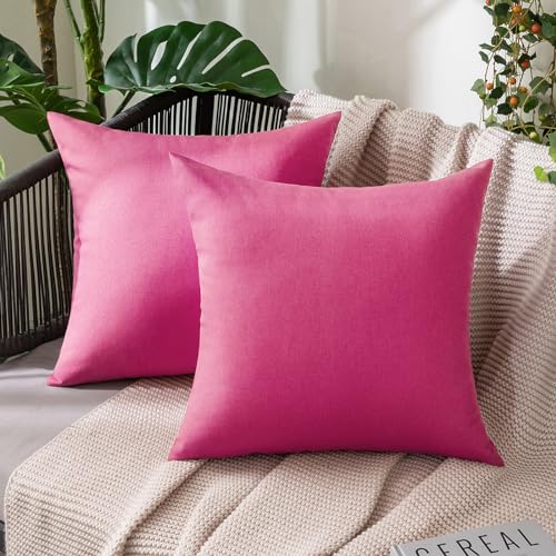 MIULEE Pack of 2 Decorative Outdoor Solid Waterproof Throw Pillow Covers Faux Linen Garden Farmhouse Cushion Cases for Patio Tent Balcony Couch Sofa 16x16 Inch Hot Pink - color: Hot Pink, size: 16" x 16" (Pack of 2)
