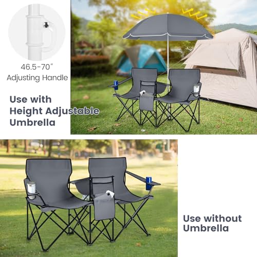 Double Camping Chair, 2-Person Portable Beach Chair w/Removable Umbrella, Cup Holders & Carrying Bag, Folding Loveseat Chairs for Adults Outdoor Picnic (Grey) - color: Grey