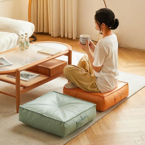 Extra Thick Floor Cushion Booster Cushion,6" Thick Faux Leather Seat Pad Portable Meditation Cushion,Square/Round Bean Bag Cushion for Living Room Bedroom (Round-Beige,16x16x6inch) - color: Round-beige, size: 16x16x6inch