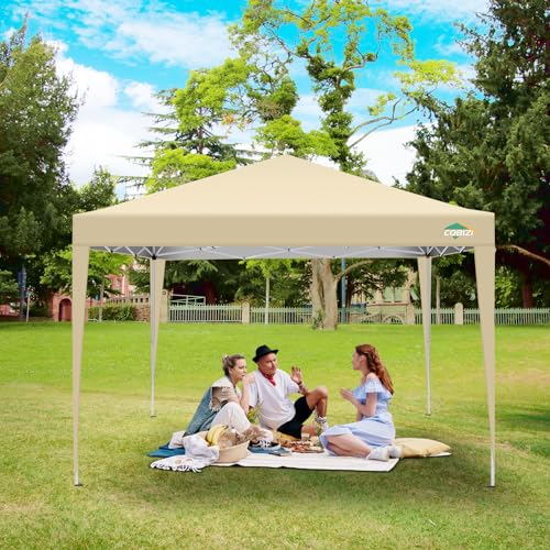 COBIZI 10x10 Pop Up Canopy Tent with 4 Sidewalls,10x10 Easy Up Waterproof Canopy Tents for Parties Camping Exhibition, Outdoor Easy Set U Gazebo Tent with Carry Bag,8 Stakes & 4 Ropes (Khaki) - color: Khaki, size: 10x10FT with 4 sidewalls