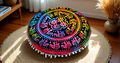 CRAFT KALA 22" Round Mandala Boho Pillow Cover Meditation Room Seating Poufs Cover for Living Room Yoga Room Home Bedroom Balcony Garden Party Decoration Cotton Floor Cushion Cover,Multi U.P Elephant - color: Multi U.p Elephant, size: 22"