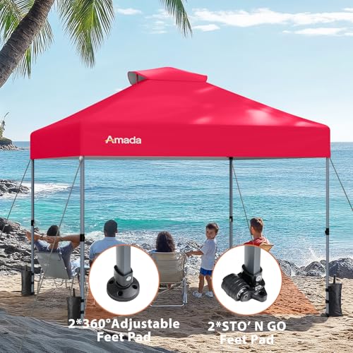 Amada 10x10 Pop Up Canopy Tent, 1-Button Push Easy-up Outdoor Canopy Beach Tent with 3-Height Adjustable Waterproof Shade Shelter, Wheeled STO-N-Go Bag 8 Stakes, 4 SandBags (Red) - color: Red, size: 10x10ft