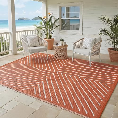 Garvee 5x8 Striped Outdoor Waterproof Rug - Reversible Modern Striped Plastic Straw Patio Mat, Portable RV Camping Rug for Picnic, Beach, Balcony, Deck - UV Protected & Easy to Clean, Orange&White. - color: Orangewhite, size: 5' x 8' (Rectangular)