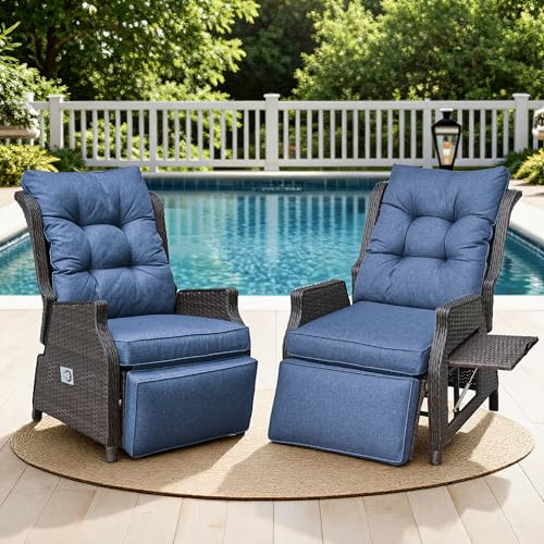 Outdoor Indoor Wicker Recliner with Adjustable Back and Footrest, Patio Reclining Chair with Flip-up Table, Outdoor Rattan Lounge Chair, Navy 2PCS - color: Navy, size: 2pcs