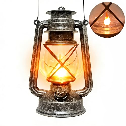 Vintage LED Outdoor Lantern Battery Powered Lanterns with Flame Wick Waterproof Camping Lamp Non-Solar Hanging Lantern Lights Landscape Decor for Indoor/Outdoor Use- Silver Color - style: Silver color